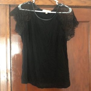 Loft top, lace sleeves and leather neckline